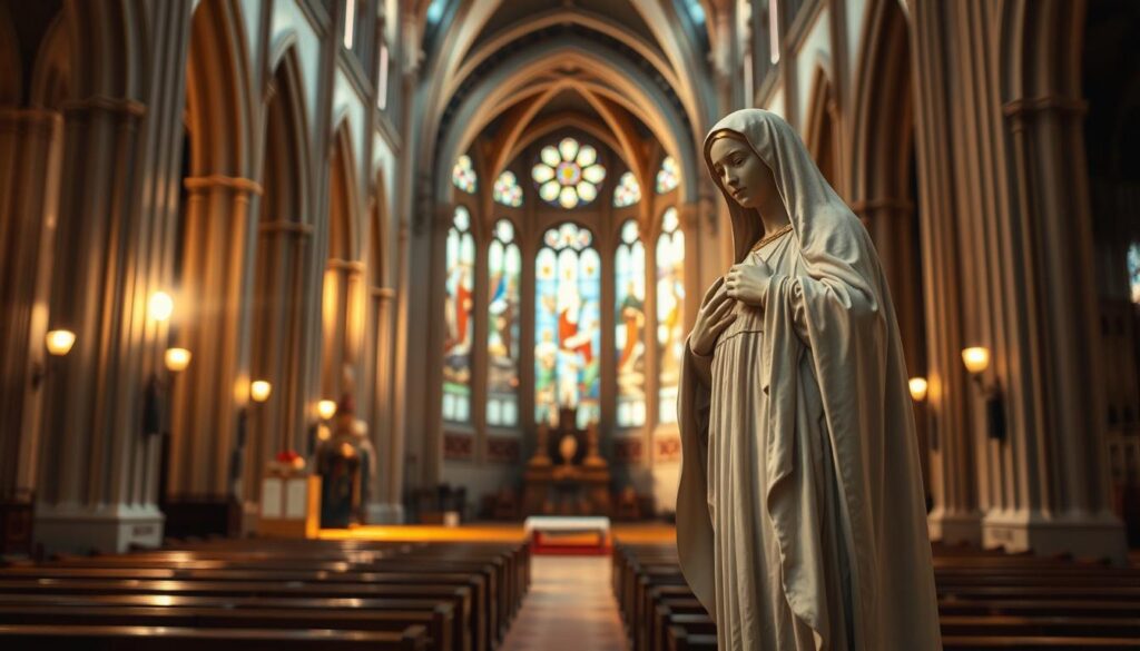 A grand cathedral interior, bathed in soft, warm lighting. In the foreground, a majestic statue of the Virgin Mary, her serene expression and gentle pose conveying a sense of reverence and devotion. The midground features ornate stained glass windows, casting multicolored hues across the scene. In the background, rows of wooden pews stretch out, suggesting a space for contemplation and prayer. The overall atmosphere is one of solemn beauty, inviting the viewer to reflect on the significance of Marian veneration in Catholic tradition, rather than worship.
