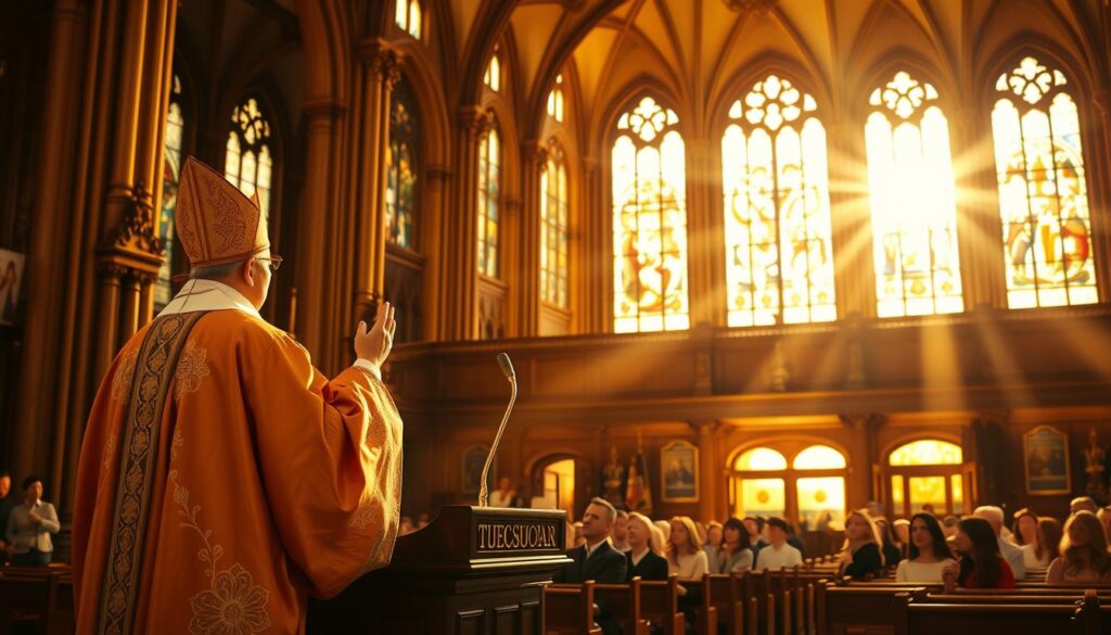 A grand cathedral interior, bathed in warm, golden light filtering through stained glass windows. In the foreground, a bishop in resplendent robes stands at a podium, his hands raised in authoritative gesture as he addresses a congregation. Surrounding him, rows of wooden pews filled with devout parishioners, their faces upturned in reverence. In the background, towering arched ceilings and ornate ecclesiastical decor evoke a sense of timeless tradition and divine authority. The scene conveys the solemn weight of the Church's role in interpreting and preserving the sacred Scriptures.