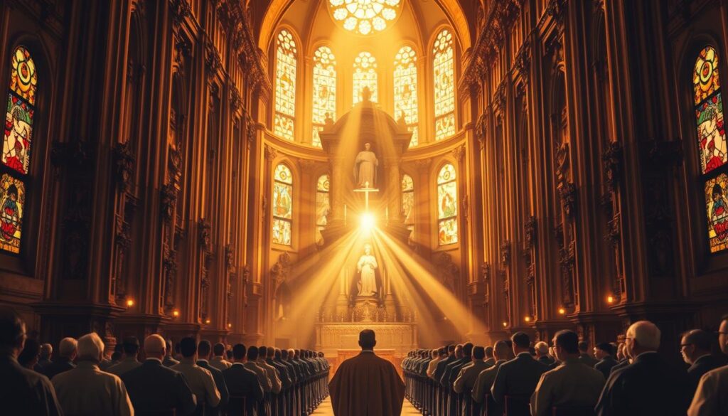 A grand cathedral interior, bathed in warm, golden light filtering through stained glass windows. At the center, a majestic altar flanked by ornate columns and intricate carvings, symbolizing the Trinity doctrine. In the foreground, three distinct yet interconnected figures, representing the Father, Son, and Holy Spirit, radiate an ethereal, celestial presence. The middle ground showcases a procession of robed clergy, deep in contemplation, as they reverently approach the altar. The background recedes into a hazy, reverential atmosphere, heightening the sense of sacred mystery. The composition evokes a timeless, iconic representation of the development and interpretation of Catholic doctrine.