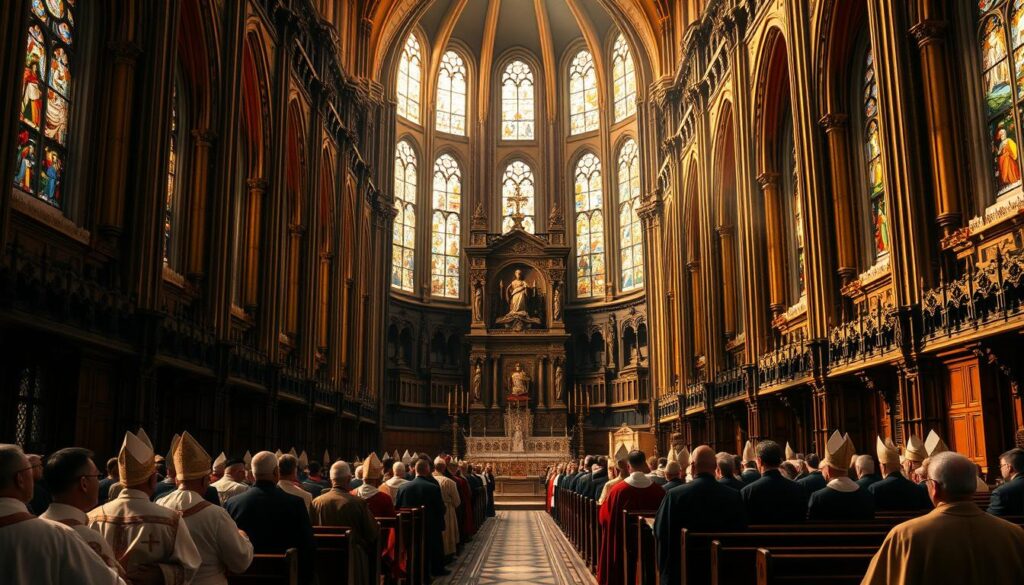 A grand cathedral interior, bathed in warm, golden light filtering through stained glass windows. In the foreground, a hierarchy of clergy stands in solemn procession, their robes and vestments signifying their respective ranks - from humble acolytes to high-ranking bishops and cardinals. The middle ground reveals an ornate altar, flanked by intricate carvings and religious iconography. In the background, rows of wooden pews and a towering, vaulted ceiling create a sense of reverence and historical grandeur. This image captures the layered structure and symbolic importance of the early Catholic Church hierarchy.