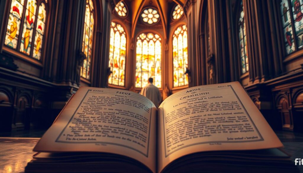 A grand cathedral interior, bathed in warm, golden light filtering through stained glass windows. In the foreground, an ornate, antique tome lies open, its pages illuminating the definition and origins of the term "Catholicism" - a detailed illustration showcasing the rich history and symbolism of the faith. In the middle ground, a priest stands in contemplation, his robes flowing gracefully. The background reveals the grandeur of the church architecture, with towering columns, intricate carvings, and a sense of reverence and solemnity. The scene evokes a feeling of spiritual contemplation and the weight of centuries-old tradition.