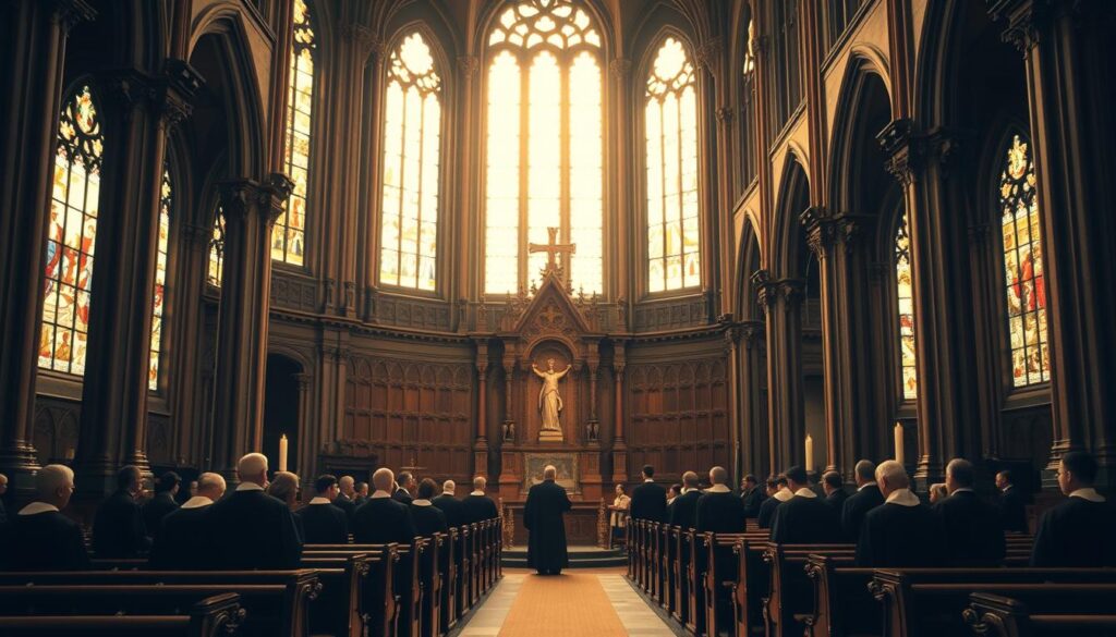 A grand cathedral interior, bathed in warm, golden light from tall, stained-glass windows. In the foreground, a group of robed Lutheran clergy stand before a simple, wooden altar, leading a solemn worship service. Intricate wooden pews fill the middle ground, while the background features ornate architecture with ornate columns and vaulted ceilings. The atmosphere is one of reverence and contemplation, evoking the rich tradition and devotion of the Lutheran faith.