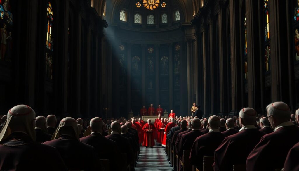 A grand cathedral interior, dimly lit by stained glass windows. In the foreground, a group of robed figures sit in contemplation, their faces obscured by deep cowls. These are the cardinals, the close advisors to the Pope, their expressions solemn and pensive. In the middle ground, a procession of more cardinals, their red vestments resplendent, make their way towards a central dais. This is the College of Cardinals, the electors who will choose the next leader of the Catholic Church. The background is shrouded in shadow, lending an air of reverence and solemnity to the scene. The lighting is dramatic, creating deep contrasts and a sense of the sacred. The overall mood is one of weight and consequence, befitting the gravity of the cardinals' duties.