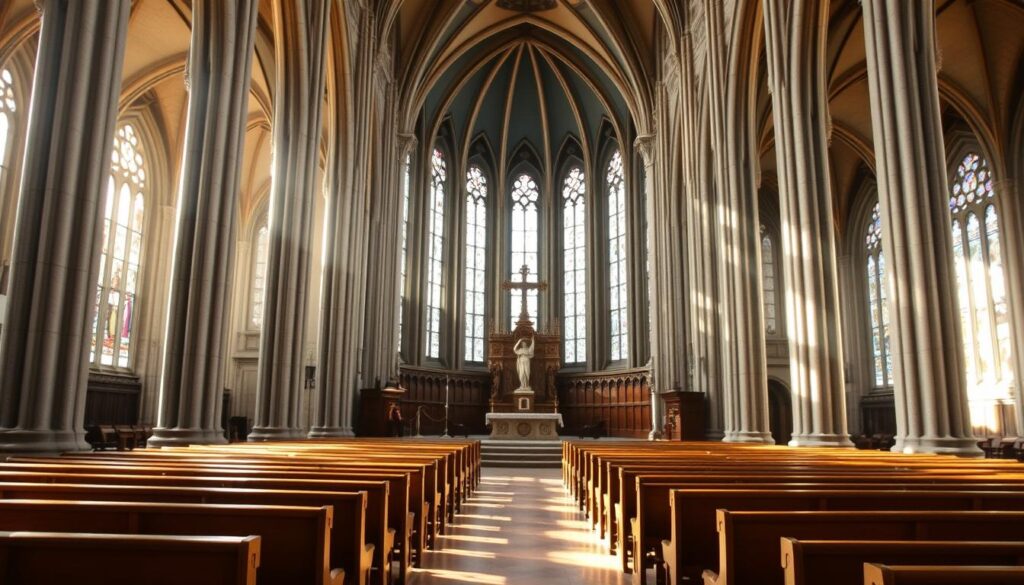 A grand cathedral interior, illuminated by soft, natural light filtering through stained glass windows. In the foreground, an ornate altar with intricate carvings and a central cross, symbolizing the reverence for God's name. In the middle ground, wooden pews arranged in orderly rows, inviting contemplation. The background features towering stone columns and arched ceilings, creating a sense of grandeur and spiritual solemnity. The overall atmosphere is one of reverence, awe, and a deep respect for the divine.