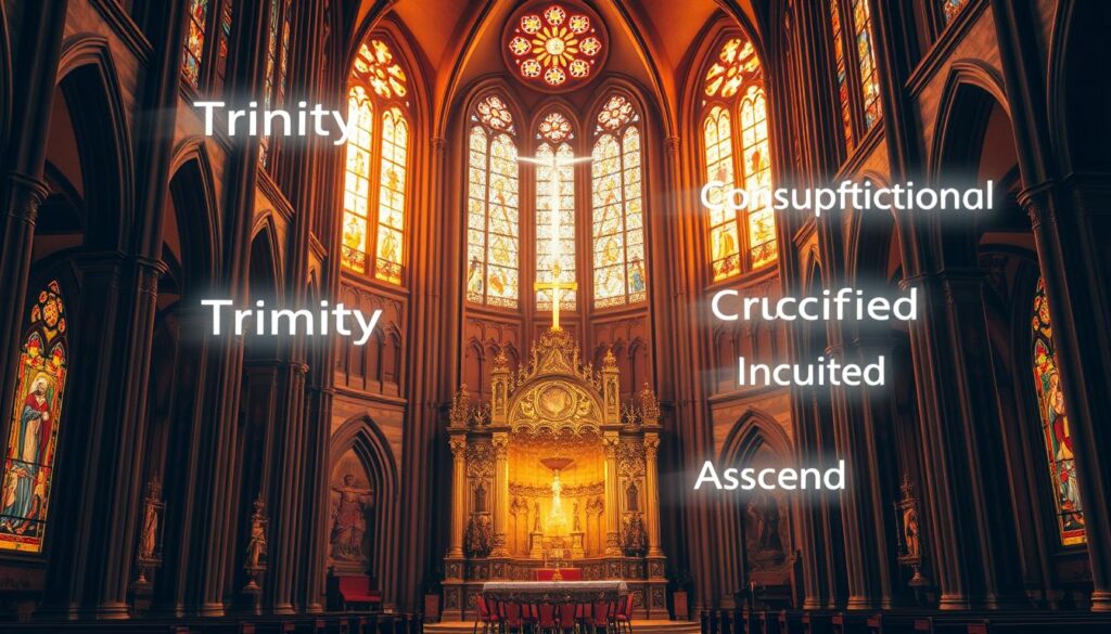 A grand cathedral interior, illuminated by warm, golden light filtering through stained-glass windows. At the focal point, a majestic altar adorned with ornate religious symbols - the cross, the dove, the chalice. Surrounding it, floating in the air, are ethereal, glowing depictions of key Nicene Creed terms: "Trinity," "Consubstantial," "Incarnate," "Crucified," "Ascended." The scene exudes a sense of reverence, solemnity, and the timeless weight of theological doctrine. The camera angle is slightly elevated, conveying the grandeur and significance of the moment.