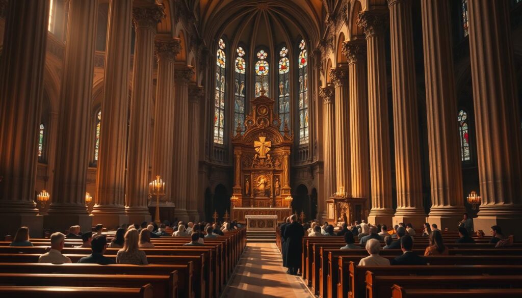 A grand cathedral interior, illuminated by warm, soft lighting that filters through stained glass windows. In the foreground, a raised altar adorned with intricate religious symbols and ornaments, casting a reverent atmosphere. In the middle ground, rows of wooden pews facing the altar, with parishioners kneeling in solemn prayer. The background is filled with towering, ornate columns supporting a vaulted ceiling, creating a sense of awe and spiritual grandeur. The scene evokes the core sacraments and doctrines of the Catholic faith, including communion, baptism, and the veneration of saints, all brought to life through masterful chiaroscuro and elegant, classical composition.