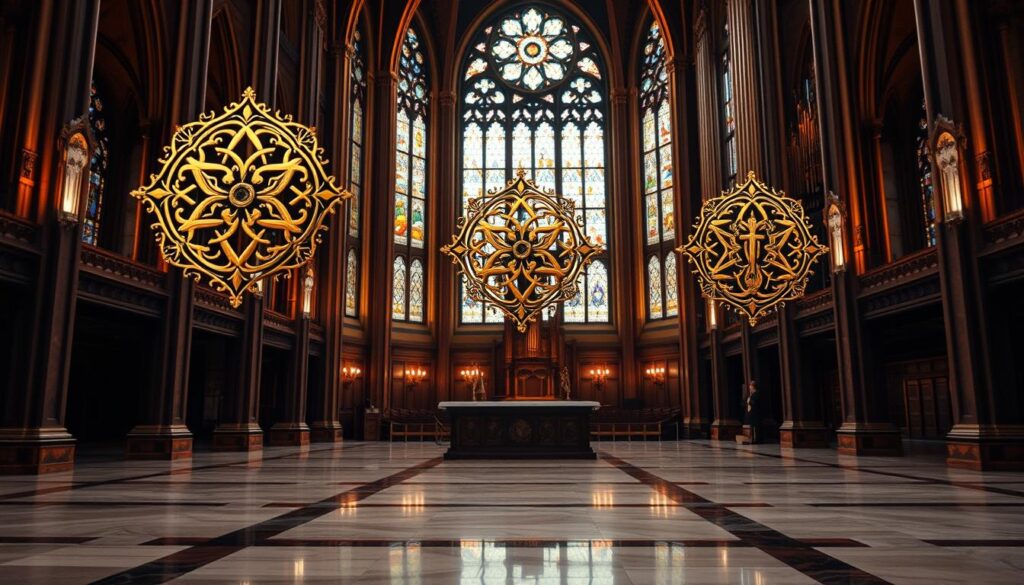 A grand cathedral interior, illuminated by warm, soft lighting. In the foreground, three solas of Lutheran doctrine stand out - Sola Scriptura, Sola Gratia, and Sola Fide - represented as ornate, gilded symbols floating above an altar. The middle ground features intricate stained glass windows, casting a kaleidoscope of colors onto the polished marble floor. In the background, a majestic pipe organ towers, its pipes gleaming, symbolizing the importance of music and worship in Lutheran tradition. The overall atmosphere is one of reverence, solemnity, and the weight of centuries-old beliefs.