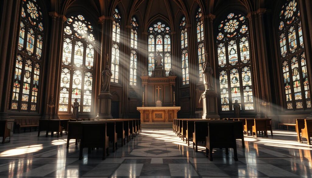 A grand cathedral interior, sunlight streaming through stained glass windows, casting kaleidoscopic patterns on the marble floors. In the foreground, a stone altar adorned with intricate carvings and a single, ornate cross. Flanking the altar, two towering statues of stern, commanding figures, representing the authority and presence of the divine. In the middle ground, rows of wooden pews facing the altar, conveying a sense of reverence and contemplation. The background shrouded in a soft, hazy glow, emphasizing the sacred and transcendent nature of the space. The scene evokes a deep, solemn atmosphere, inviting the viewer to ponder the significance of the First Commandment and the weight of worshiping no other gods before the Almighty.