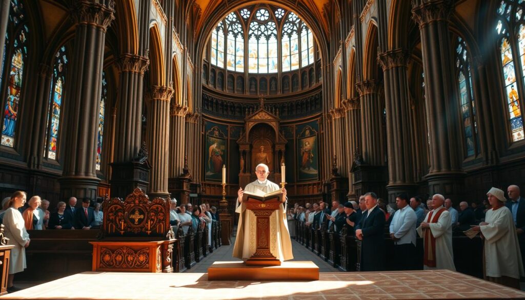 A grand cathedral interior, sunlight streaming through stained glass windows, illuminating an ornate altar. In the foreground, a raised platform with intricate wooden carvings and a brass lectern, where a priest in ceremonial robes stands, delivering the Ten Commandments to a congregation in traditional Anglican liturgical attire. The middle ground features wooden pews, ornate columns, and tapestries depicting religious imagery. The background showcases the grandeur of the cathedral's architecture, with vaulted ceilings and ornate archways. The scene exudes a sense of reverence, tradition, and the solemnity of the Anglican faith.