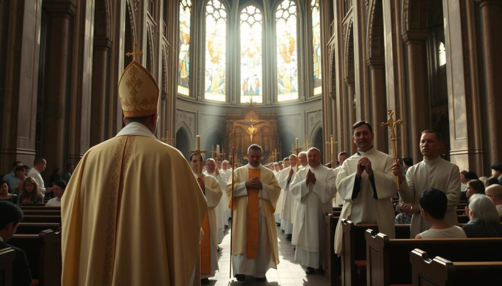 A grand cathedral interior, sunlight streaming through stained glass windows, illuminating the solemn procession of Catholic clergy. In the foreground, a bishop clad in ornate vestments and a tall mitre, leading a group of priests in flowing robes. In the middle ground, deacons and altar servers carrying candles and crosses, their movements graceful and reverent. In the background, pews filled with the faithful, heads bowed in prayer. The atmosphere is one of reverence and solemnity, the lighting casting a warm, sacred glow over the scene.