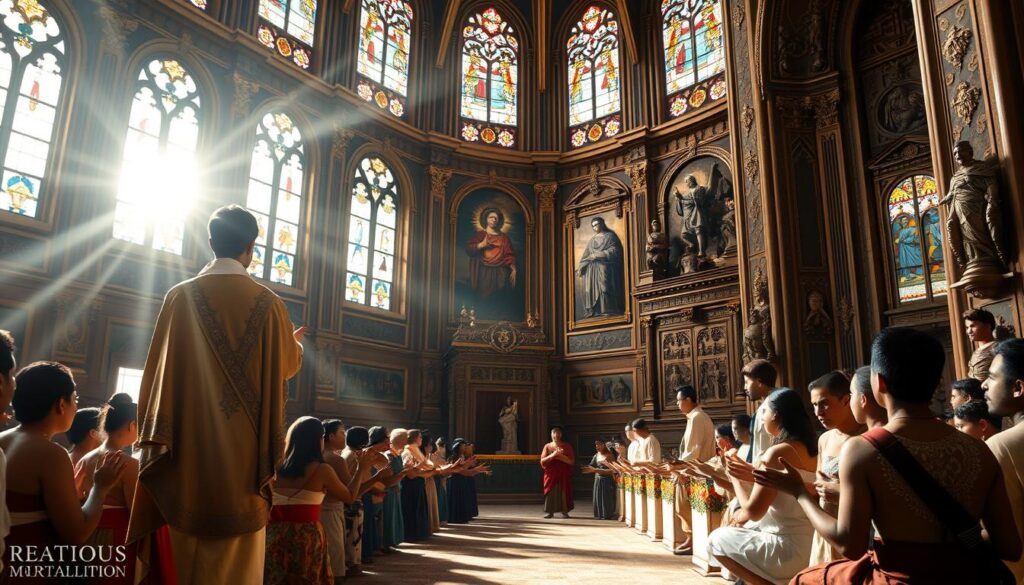 A grand cathedral interior, sunlight streaming through stained glass windows. In the foreground, Spanish missionaries in ornate robes stand before kneeling native Filipinos, hands outstretched in conversion. Intricate religious iconography adorns the walls, while indigenous symbols and motifs blend with Christian imagery. The scene conveys a sense of reverence and cultural transformation, as the light filters down to illuminate the profound moment of spiritual exchange. Realistic, cinematic, hyper-detailed.
