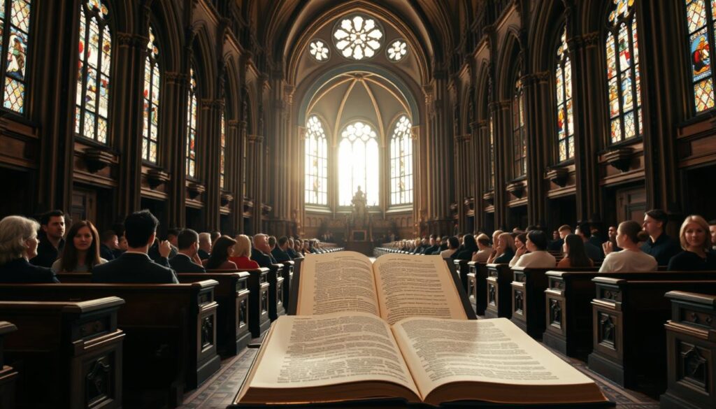 A grand cathedral interior, the light streaming through stained-glass windows casting a warm, reverent glow. At the center, an ornate podium where the Augsburg Confession rests, its pages open to reveal the foundational tenets of Lutheranism. Surrounding the podium, elegant wooden pews filled with somber, contemplative figures, their faces illuminated by the holy light. In the background, towering arched ceilings and intricate architectural details, evoking the weight and significance of this historic document. The scene exudes a sense of solemnity and spiritual gravitas, befitting the importance of the Augsburg Confession in shaping the Lutheran faith.