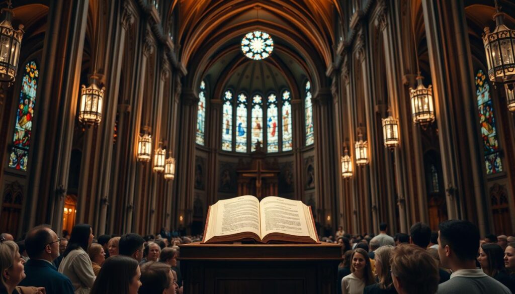 A grand cathedral interior, the vaulted ceilings and ornate columns casting a warm, reverent glow. In the center, a podium adorned with an open book, representing the Augsburg Confession, a foundational text of Lutheranism. Stained glass windows filter colored light, casting a ethereal ambiance. Worshippers, their faces filled with contemplation, gather around the podium, bearing witness to the doctrine enshrined within. The scene evokes a sense of history, tradition, and the profound influence of this seminal work on the beliefs and practices of the Lutheran church.