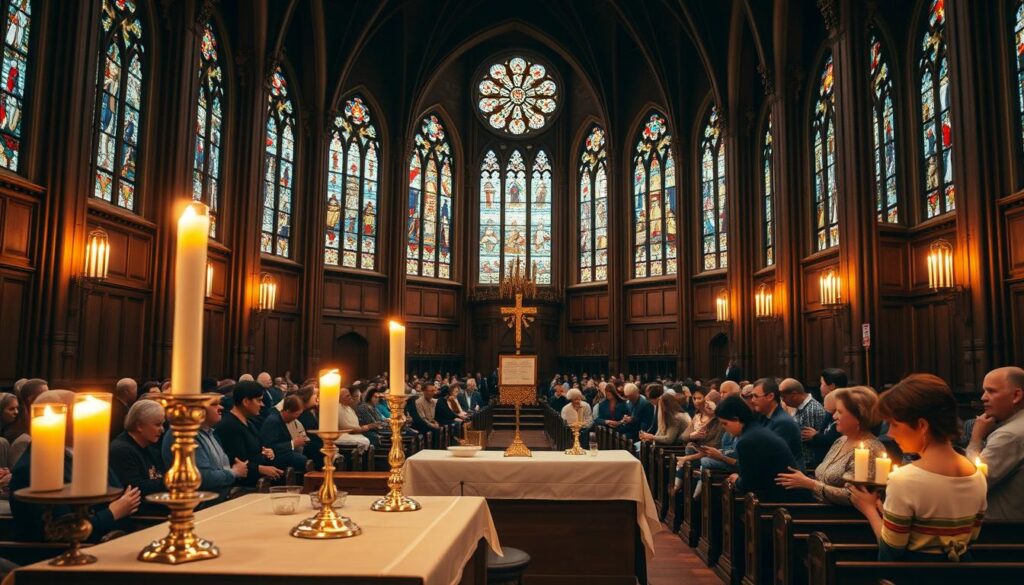 A grand cathedral interior, the warm glow of candlelight casting a reverent ambiance. In the foreground, a wooden altar adorned with a white linen cloth, a golden cross, and silver chalices and plates for the holy sacraments. Worshipers kneel in pews, their faces aglow with devotion as they partake in the sacred communion. Stained glass windows line the walls, casting kaleidoscopic patterns of color upon the gathered congregation. The atmosphere is one of solemn tranquility, a profound sense of spiritual connection and community within the Lutheran faith.