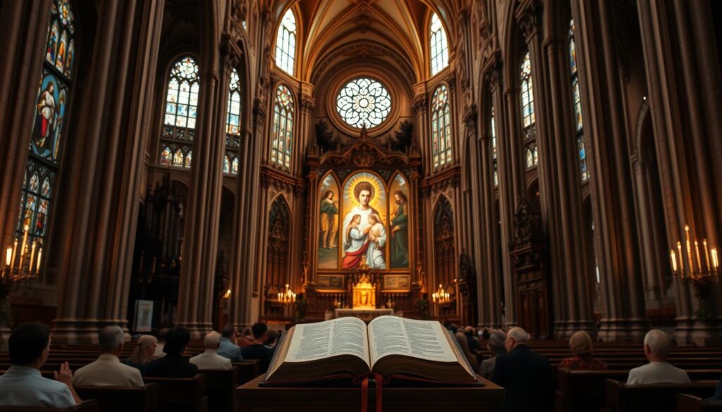 A grand cathedral interior with ornate architectural details, stained glass windows, and intricate stone carvings. In the foreground, a triptych altarpiece depicts the holy Trinity - Father, Son, and Holy Spirit - in a serene, ethereal composition bathed in soft, warm lighting. The middle ground features worshippers reverently studying a large, leather-bound Bible on a podium, symbolizing the centrality of scripture. The background showcases the grandeur of the space, with soaring arches, ornate columns, and an atmosphere of spiritual contemplation.