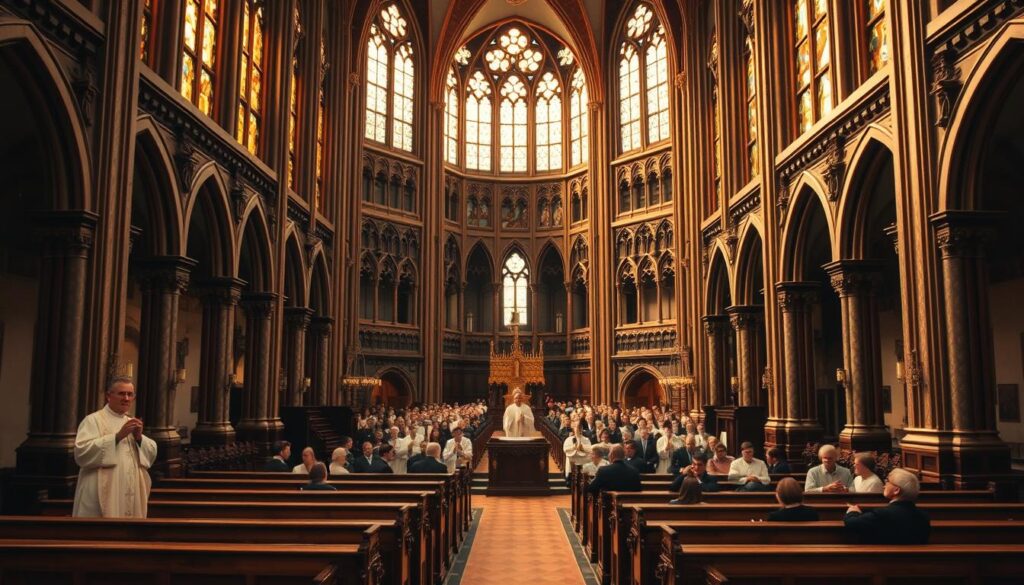 A grand cathedral interior with stained glass windows casting warm, golden light throughout. In the foreground, ornate wooden pews and an elegant pulpit, symbolizing the central role of preaching. In the middle ground, rows of robed clergy seated in orderly rows, representing the hierarchical structure of church governance. In the background, an intricate network of hallways and side chambers, hinting at the complex administrative framework that supports the church's operations. The scene conveys a sense of reverence, tradition, and well-organized authority.