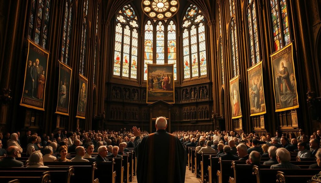 A grand cathedral interior with stained glass windows, illuminating a scene of 16th century Protestant Reformation. In the foreground, a robed figure stands at a wooden podium, gesturing passionately. Surrounding them, rows of pews filled with attentive congregants. In the middle ground, ornate tapestries and banners hang from the walls, depicting scenes of religious upheaval. The background is bathed in warm, golden light, creating an atmosphere of reverence and historical significance. Dramatic chiaroscuro lighting, a wide-angle lens, and a low camera angle emphasize the magnitude of this pivotal moment in Christian history.