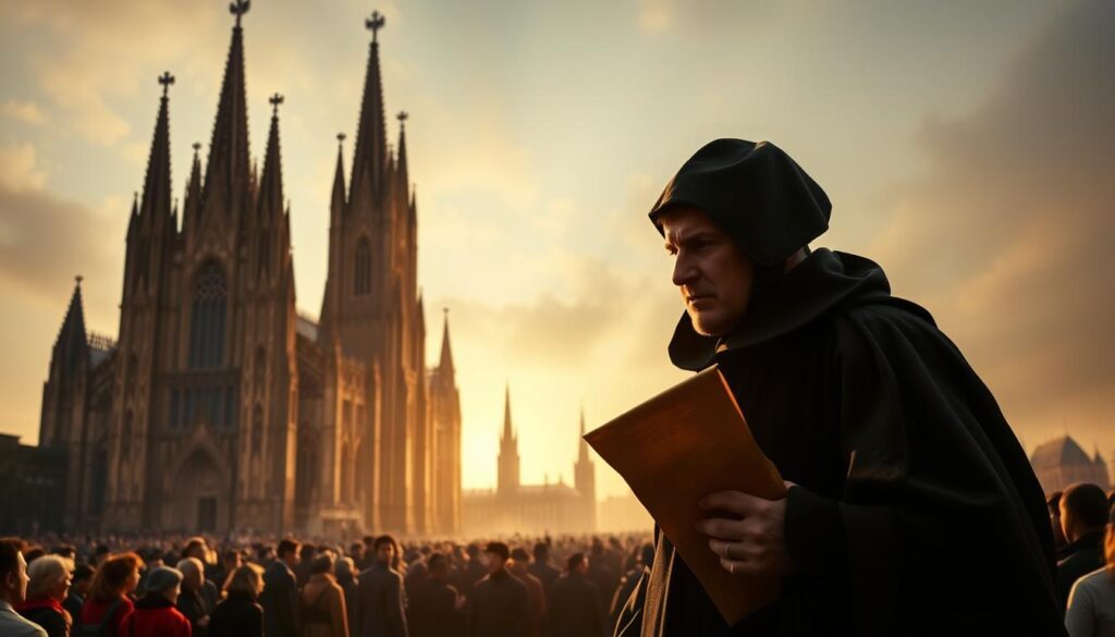 A grand cathedral, its gothic spires piercing the heavens, stands as a testament to the age-old traditions of the Catholic Church. In the foreground, a lone figure, Martin Luther, holds a parchment scroll, his brow furrowed in deep contemplation. The lighting is dramatic, casting long shadows that hint at the profound changes he is about to unleash. In the middle ground, a crowd of followers gathers, their faces alight with a new sense of purpose. The background is hazy, filled with the silhouettes of other cathedrals and the faint outlines of a changing world, signifying the broader impact of the Protestant Reformation.