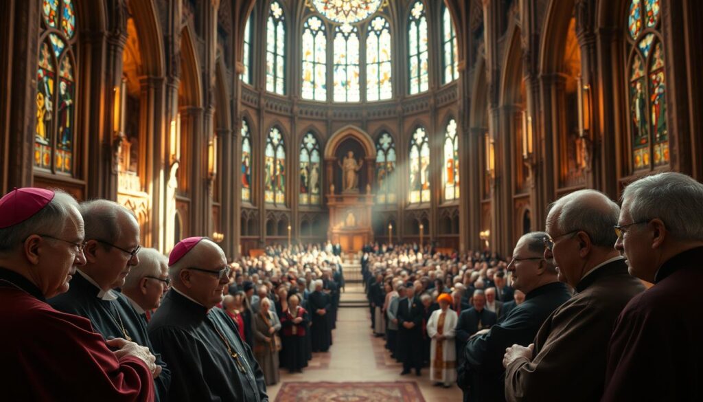 A grand cathedral, its stained glass windows casting a warm glow across the ornate interior. In the foreground, a group of robed bishops gather, deep in solemn discussion. Their faces etched with wisdom and experience, conveying the gravity of the occasion. In the middle ground, a large audience of clergy and parishioners observe the proceedings, their expressions a mix of reverence and anticipation. The background is shrouded in a soft, ethereal light, emphasizing the spiritual significance of this leadership transition. The scene exudes a sense of tradition, gravitas, and the peaceful exchange of power within the Lutheran faith.