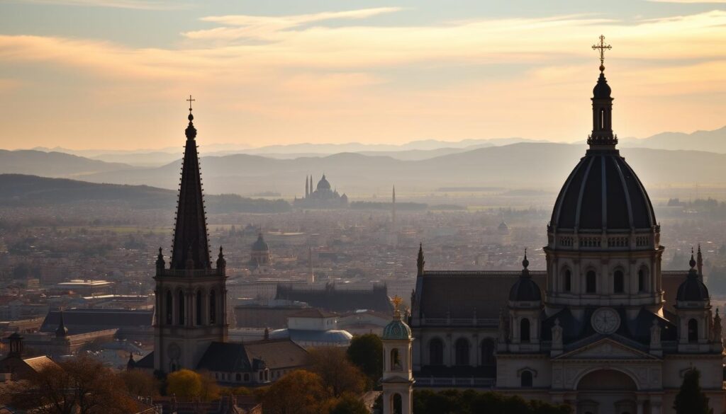 A grand cathedral occupies the foreground, its towering spires and ornate facade casting long shadows across a sprawling landscape. In the middle ground, the silhouettes of diverse cityscapes emerge, each representing a country with a significant Catholic population. The background is a panoramic vista, with rolling hills and a vibrant sky that changes from dawn to dusk, symbolizing the global reach and enduring legacy of Catholicism. The scene is illuminated by a warm, diffuse light, creating a sense of reverence and timelessness. The composition emphasizes the scale, grandeur, and multinational character of the Catholic faith, inviting the viewer to explore the rich tapestry of its global influence.