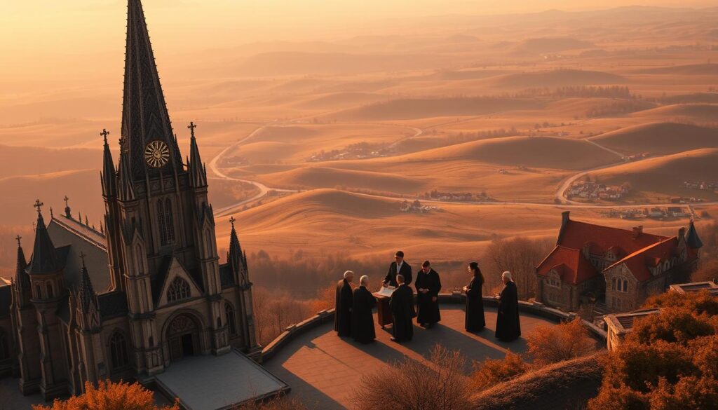A grand cathedral stands in the foreground, its ornate spires reaching towards the heavens. In the middle ground, a group of missionaries in traditional robes gathers, engaged in fervent discussions. The background depicts a sprawling landscape, rolling hills dotted with quaint villages and winding roads, symbolizing the expansive reach of their evangelical efforts. Warm, golden light filters through stained glass windows, casting a reverent glow over the scene. The composition evokes a sense of dedicated purpose, the missionaries' unwavering commitment to spreading the teachings of their faith. This image captures the essence of Wilhelm Löhe's influential missionary work and his lasting legacy within the Lutheran Missouri Synod.