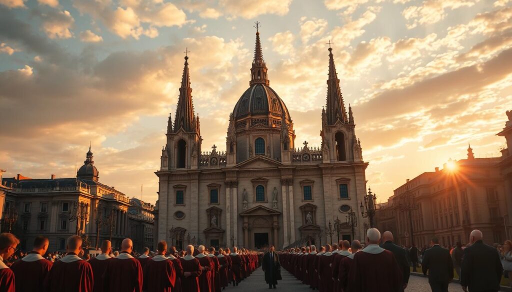 A grand cathedral stands in the foreground, its spires reaching skyward, illuminated by warm, golden light. In the middle ground, a procession of robed figures moves through the streets, representing the historical journey of the Catholic Church. In the background, a tapestry of historical events and significant moments unfolds, from the life of Jesus to the Crusades, the Reformation, and beyond. The scene conveys a sense of reverence, tradition, and the enduring influence of the Catholic faith over the centuries.