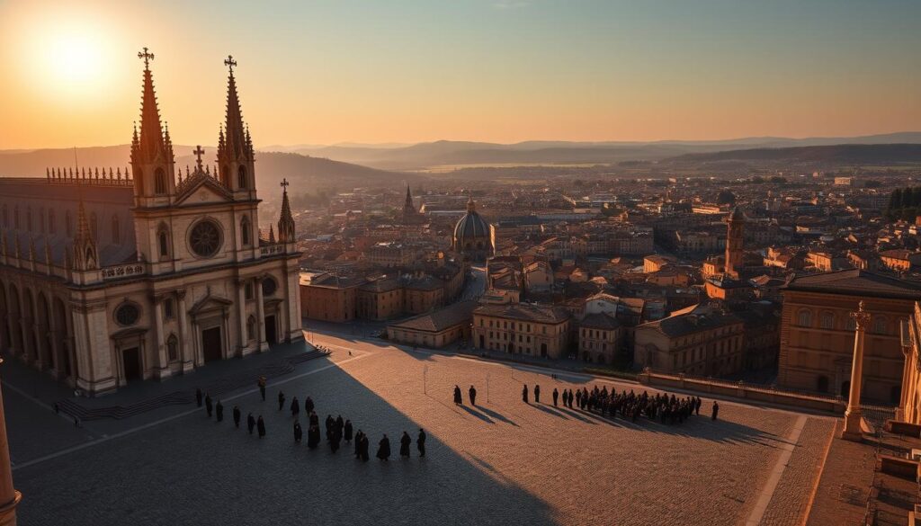 A grand cathedral stands in the foreground, its towering spires and ornate façade casting long shadows across a cobbled square. Ornate stained glass windows glimmer in the soft, golden light of a setting sun, while a procession of robed figures move solemnly along the square's perimeter. In the middle ground, a sprawling city of weathered stone buildings and winding streets stretches out, hinting at the church's far-reaching influence. The background is dominated by rolling hills and a distant horizon, suggesting the expansive reach of the Roman Catholic faith across the European landscape. The scene evokes a sense of timeless tradition, spiritual power, and the enduring legacy of the Catholic Church's impact on Western civilization.