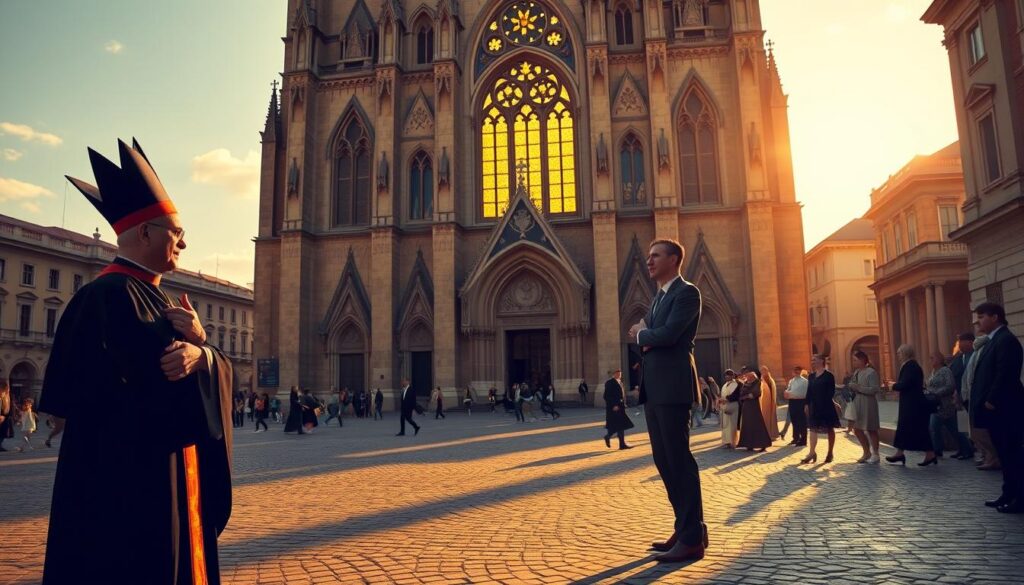 A grand cathedral stands tall, its imposing Gothic architecture casting long shadows across a cobblestone square. In the foreground, two figures - one in clerical robes, the other in a tailored suit - engage in a thoughtful discussion, their gestures and expressions hinting at the delicate balance between church and state. The scene is illuminated by warm, golden light filtering through stained glass windows, creating an atmosphere of reverence and contemplation. In the background, citizens go about their daily lives, their faces reflecting the complex interplay between spiritual and political power that has long defined the church-state relationship.