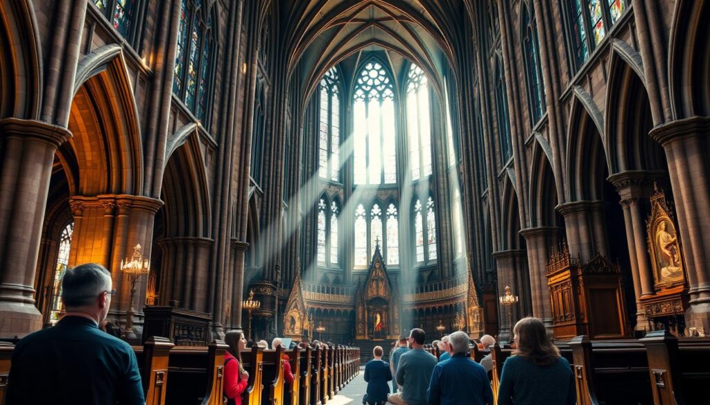 A grand cathedral stands tall, its intricate Gothic architecture adorned with centuries-old stonework. Sunlight filters through stained glass windows, casting a warm, reverent glow upon the ornate interior. Wooden pews and ornate altars bear witness to the rich cultural heritage of Catholicism in England. In the foreground, worshippers kneel in quiet contemplation, their faces illuminated by the soft light. The scene evokes a sense of timelessness, where the past and present intertwine, reflecting the enduring influence of Catholic traditions on the community and society.