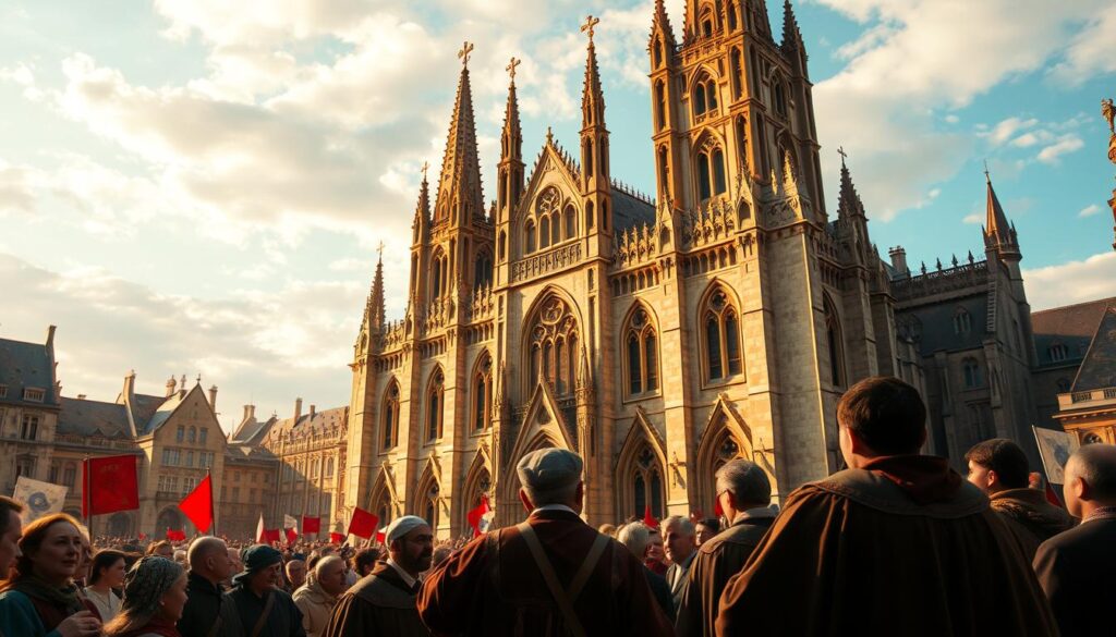 A grand cathedral stands tall, its spires reaching towards the heavens. In the foreground, a group of scholars and theologians engage in heated debate, their gestures and expressions conveying the weight of their discussions. In the middle ground, a crowd gathers, their faces alight with the fervor of religious awakening. The background is a tapestry of historical events - the theses nailed to the church door, the burnings of heretical texts, the emergence of new faiths and denominations. The scene is bathed in a warm, golden light, evoking the sense of a pivotal moment in the history of Christendom. This is the Reformation, a turbulent era that shaped the course of Western civilization.