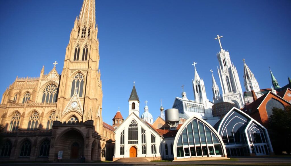 A grand cathedral with a towering steeple, its Gothic arches and intricate stonework casting dramatic shadows. In the foreground, a smaller chapel with a more modest, rectangular shape and a simple bell tower, reflecting the architectural evolution of Protestant churches. The middle ground showcases a modern, minimalist structure with clean lines and large windows, allowing natural light to flood the interior. The background features a diverse array of church designs, from ornate Baroque to sleek, contemporary styles, all united by a sense of spiritual contemplation and architectural progression. Captured through a wide-angle lens, the scene conveys the diverse and dynamic nature of Protestant architectural expression.
