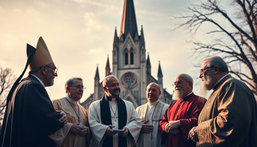 A grand cathedral with a towering steeple stands in the background, its spires reaching towards the heavens. In the foreground, a group of religious leaders from diverse traditions engage in animated discussion, their robes and vestments reflecting the richness of their respective faiths. The lighting is soft and warm, casting a serene glow upon the scene, as if to symbolize the spirit of unity and understanding that permeates the ecumenical dialogue. The composition is balanced, with the figures arranged in a harmonious, conversational pose, hinting at the progress and reconciliation unfolding before our eyes.