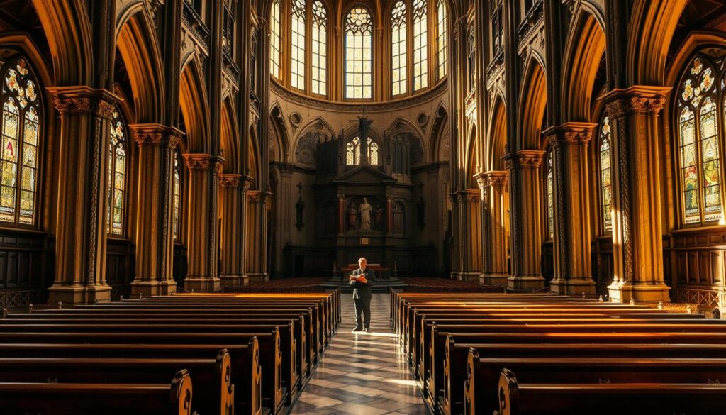 A grand cathedral's interior, illuminated by warm, golden light filtering through stained glass windows. In the center, a lone figure stands at a podium, an open book in hand, symbolizing the authority and primacy of Scripture. Ornate wooden pews stretch out before the pulpit, casting long shadows across the marble floors. The architecture features soaring arches and intricate carvings, evoking a sense of reverence and solemnity. The scene conveys the profound importance of Sola Scriptura, the fundamental Lutheran principle that the Bible alone is the ultimate source of spiritual authority.