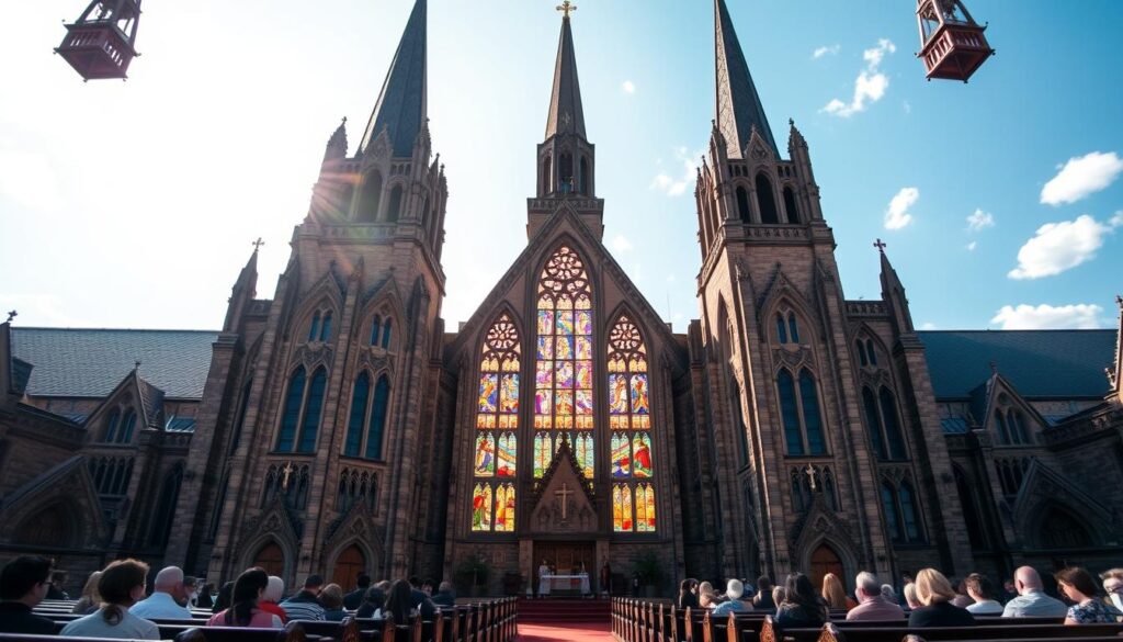 A grand church edifice, its steeple piercing the sky, stands as a testament to the faith and devotion of a Lutheran LCMC congregation. The intricate Gothic architecture, adorned with ornate stonework and stained glass windows, casts a warm glow upon the surrounding landscape. Inside, sunlight filters through the colorful panes, illuminating the simple yet reverent altar and pews where worshippers gather to celebrate their shared beliefs. A sense of timeless tradition and community pervades the scene, capturing the historical development and growth of the LCMC movement.
