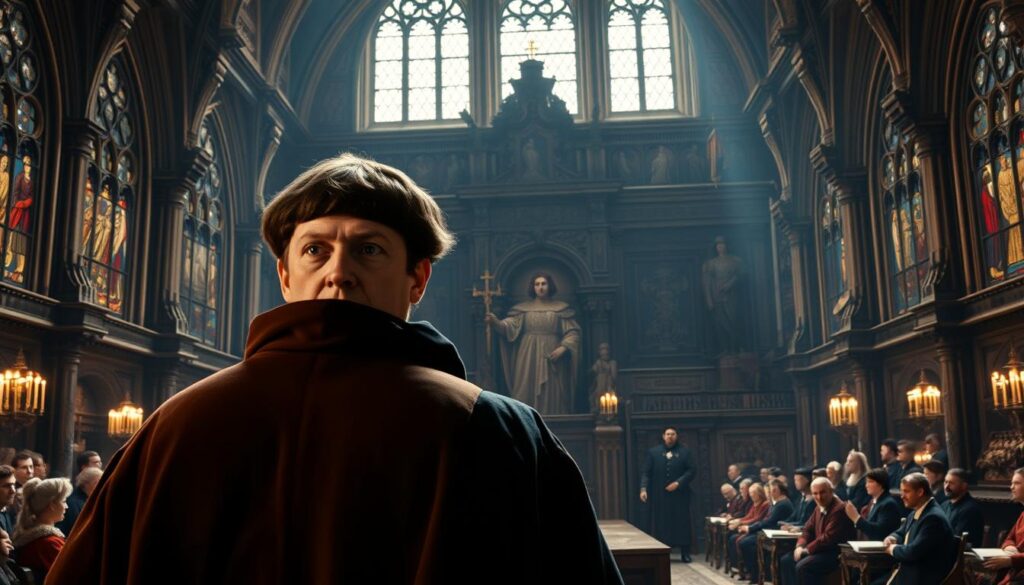 A grand, cinematic scene of the historic "Diet of Worms" confrontation between Martin Luther and the Holy Roman Emperor Charles V. In the foreground, Luther stands resolute, his face etched with determination, as he defends his Ninety-Five Theses before the imperial court. The middle ground is a grand, ornate hall, with intricate Gothic architecture and stained glass windows casting a warm, dramatic light. In the background, the solemn, austere presence of the Holy Roman Empire looms, represented by the imposing figures of Charles V and his advisors. The atmosphere is one of high-stakes drama, as the future of the Reformation hangs in the balance. Rendered in a realistic, oil painting-like style, with attention to historical accuracy and the gravitas of the moment.