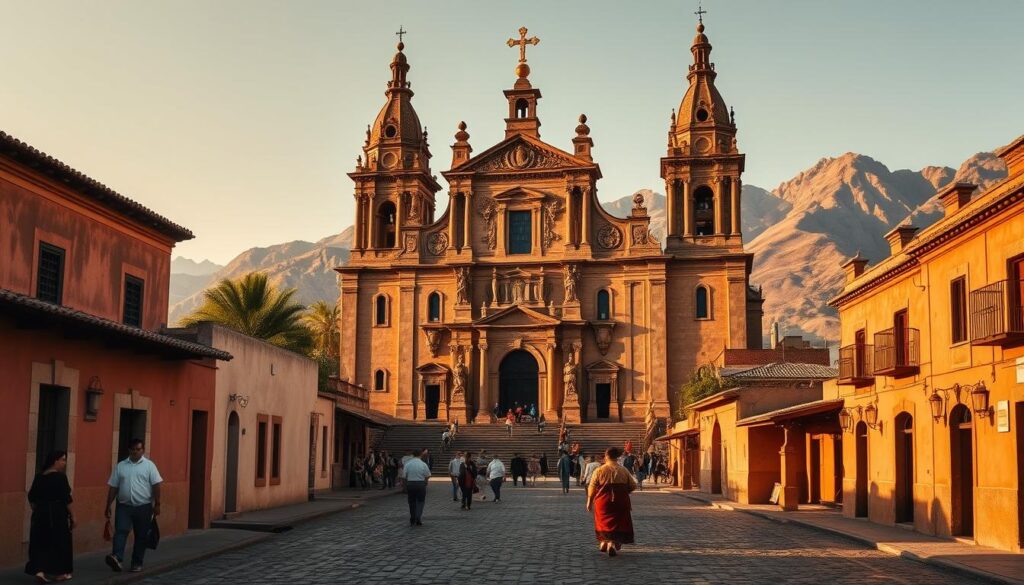 A grand colonial church stands tall, its ornate facade adorned with intricate carvings and towering spires. In the foreground, cobblestone streets and adobe buildings hint at the bustling Mexican town surrounding it. Mid-ground features worshippers entering the church, their traditional garments casting long shadows. The background showcases a mountainous landscape, bathed in warm, golden light from the setting sun. The scene exudes a sense of historical significance, conveying the transformation of Mexican society through the colonial era as Catholicism became deeply embedded within the culture.