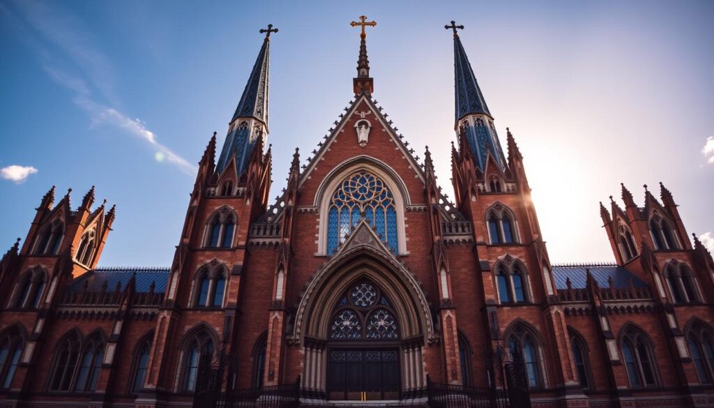 A grand, historic Lutheran church with intricate Gothic-inspired architecture stands tall against a vibrant, cloudless sky. The ornate facade features soaring spires, delicate tracery, and ornamental buttresses that cast dramatic shadows. The main entrance is framed by intricately carved arches and ornate wooden doors. Sunlight streams through the stained glass windows, casting a warm, reverent glow throughout the interior space. The church's stately presence exudes a sense of timeless faith and community, capturing the architectural and spiritual essence of this cherished landmark.