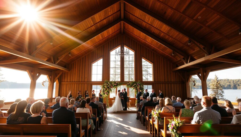 A grand, lakeside Lutheran wedding venue, bathed in warm, golden afternoon sunlight. The expansive wooden pavilion features high-peaked ceilings, exposed beams, and panoramic windows overlooking the serene, glimmering lake. Guests are gathered on elegant, rustic wooden benches, facing a stunning altar adorned with lush, fragrant floral arrangements. In the foreground, the bride and groom exchange vows, their faces radiating joy and love, as a gentle breeze sways the surrounding pines. The tranquil, picturesque setting creates a harmonious, spiritual atmosphere, perfectly suited for a memorable, sacred celebration.