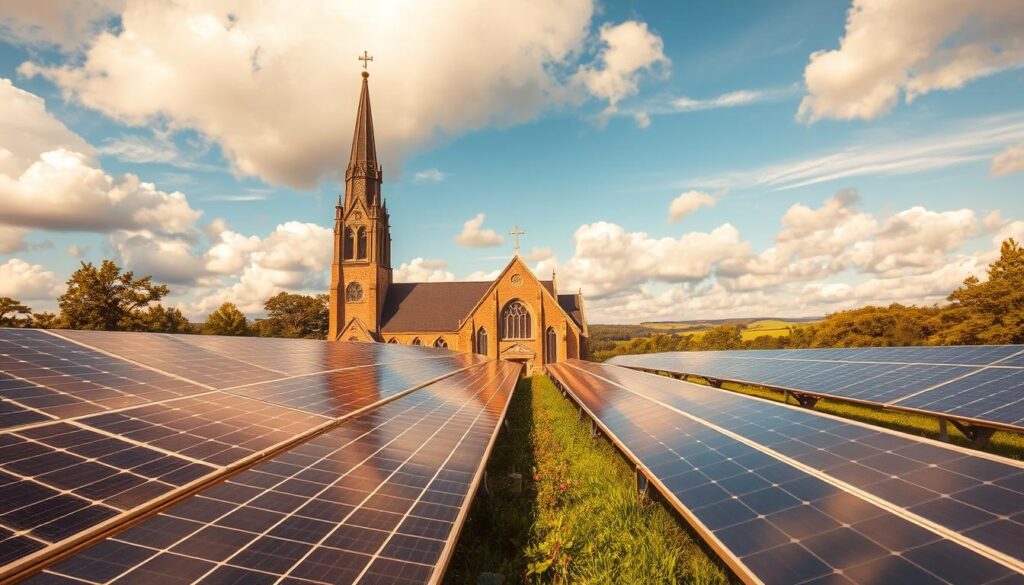 A grand lutheran church nestled amidst lush greenery, its steeple reaching skyward. In the foreground, rows of sleek solar panels glisten in the warm afternoon sun, harnessing renewable energy to power the sacred space. The middle ground showcases the church's timeless architectural beauty, with ornate stained glass windows and intricate stone carvings. The background features a picturesque landscape, rolling hills and fluffy clouds drifting overhead, creating a serene and tranquil atmosphere. Captured through a wide-angle lens, this image conveys the harmony between traditional faith and modern sustainability at the Lutheran Church of the Good Shepherd.