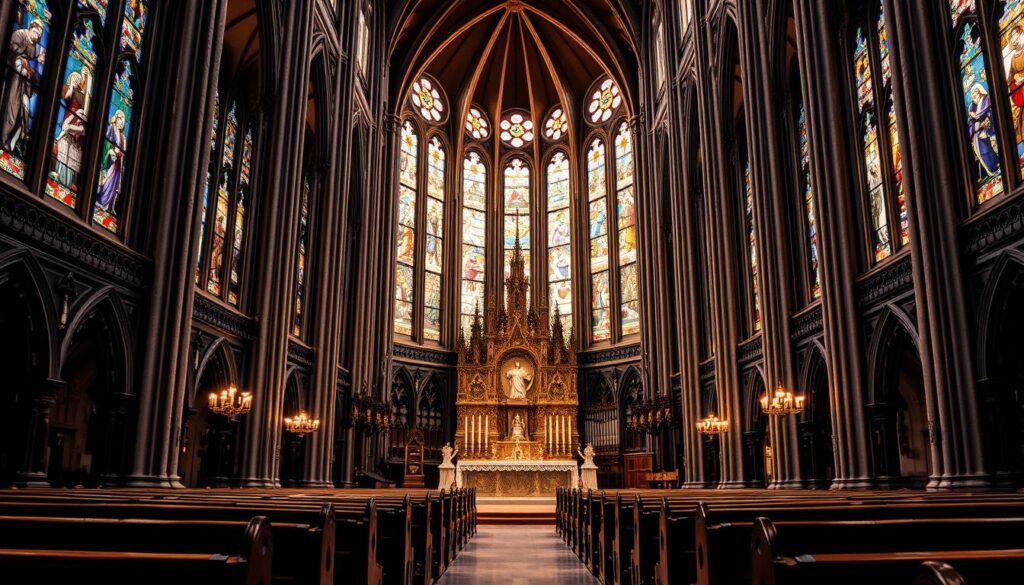 A grand, majestic cathedral interior with ornate stained glass windows casting a warm, reverent glow. In the foreground, a gleaming, intricately carved altar adorned with religious symbols and sacraments, including a chalice, bread, and candles. In the middle ground, rows of wooden pews facing the altar, creating a sense of reverence and contemplation. The background features tall, towering pillars supporting a vaulted ceiling, accentuating the grandeur and timelessness of the space. The overall atmosphere is one of solemnity, spirituality, and the timeless traditions of the Catholic faith.
