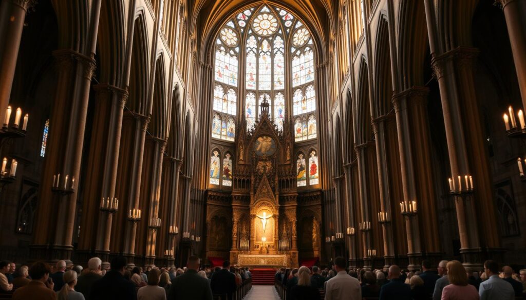 A grand, majestic cathedral, its Gothic architecture reaching towards the heavens. Stained glass windows cast a warm, reverent glow, illuminating a massive, ornate altar. Intricate wooden carvings and ornate tapestries adorn the walls, symbolizing the weighty authority of scripture. Elegant columns support the vaulted ceiling, their shadows dancing in the soft candlelight. Worshippers kneel in pious contemplation, immersed in the hallowed atmosphere of this sacred space. The scene exudes a timeless, solemn grandeur, evoking the unshakable foundation of biblical tradition.