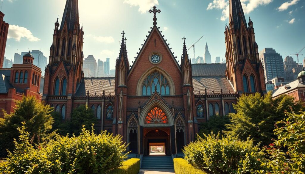 A grand, ornate Evangelical Lutheran Church set against a backdrop of a vibrant, sun-dappled cityscape. The church's facade features intricate Gothic-inspired architecture, with towering spires and stained glass windows that cast a warm, ethereal glow. In the foreground, a lush, well-tended garden frames the entrance, drawing the viewer's eye towards the inviting, open doors. The lighting is soft and natural, creating a sense of tranquility and welcoming. The scene conveys a strong sense of community, faith, and the diverse spectrum of Evangelical Lutheran organizations working together to serve their congregations and the wider community.