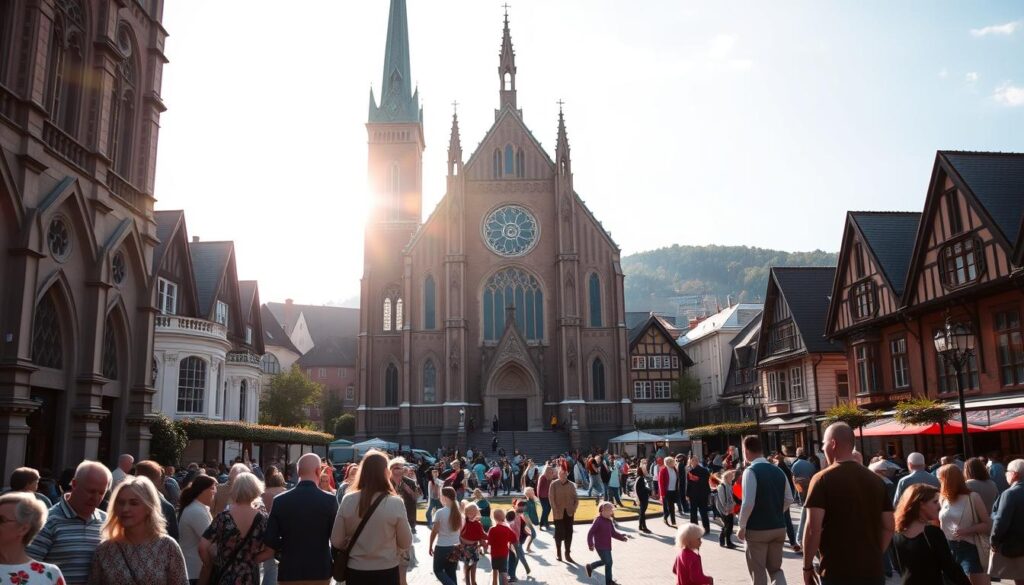 A grand, ornate facade of the Svenska kyrkan (Swedish Church) stands tall, its steeples and spires reaching skyward. Sunlight streams through stained glass windows, casting a warm, ethereal glow over the scene. In the foreground, people of all ages gather, engaging in lively discussions or quiet contemplation, representing the church's role as a hub of community life and social services. The middle ground reveals a bustling courtyard, where children play and adults tend to various activities, showcasing the church's involvement in education and outreach. The background is filled with a picturesque Swedish town, its charming buildings and lush greenery setting the stage for this spiritual and social center.
