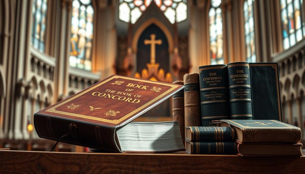A grand, ornate leather-bound book rests on a sturdy wooden lectern, its gilded title "The Book of Concord" shimmering in the soft, warm light. Beside it, a display of antique Lutheran confessional texts, their weathered pages and aged bindings conveying a sense of historical significance. In the background, a grand cathedral-like interior with stained glass windows casts a reverent, contemplative atmosphere. Carefully composed to highlight the centrality of these cherished theological works within the Lutheran tradition.