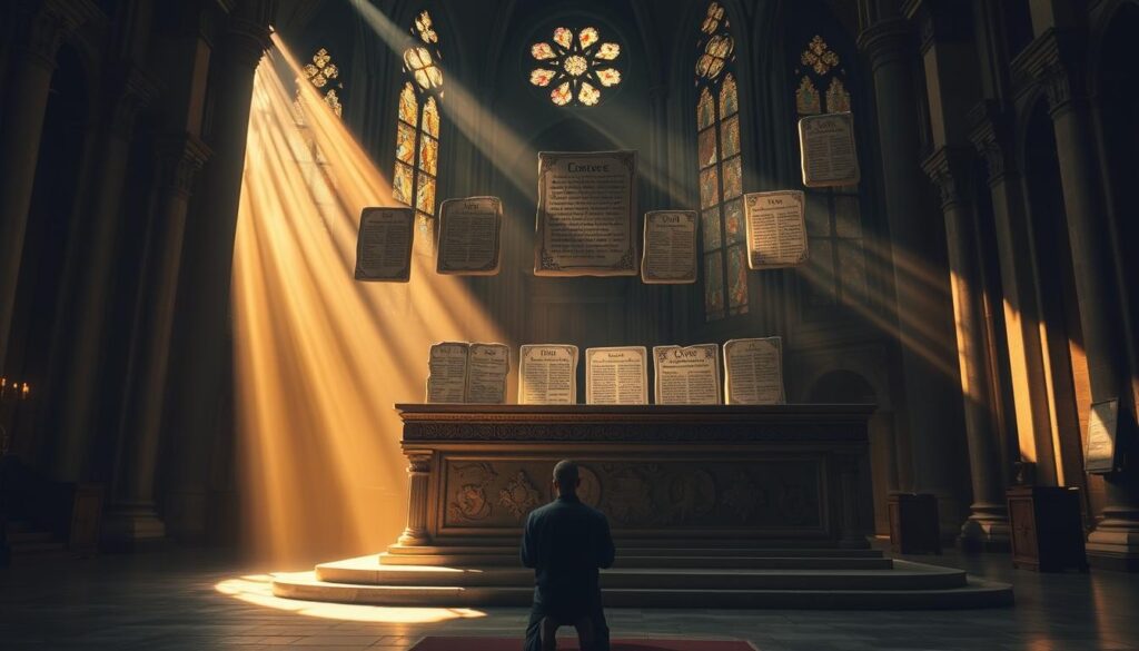 A grand, ornate stone altar stands in a dimly lit, cavernous cathedral. Atop the altar, ancient stone tablets with intricate etchings float, each depicting a different interpretation of the Ten Commandments. Shafts of warm, golden light pour in through stained glass windows, casting an ethereal glow over the scene. In the foreground, a lone worshipper kneels in reverence, contemplating the varying traditions represented by the floating tablets. The atmosphere is one of solemn contemplation, inviting the viewer to ponder the diverse ways in which the Decalogue has been understood and expressed throughout history.