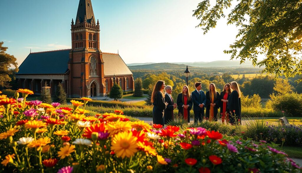 A grand, stately Evangelical Lutheran church stands tall, its spire reaching skyward, bathed in warm, golden light. In the foreground, a well-tended garden bursts with vibrant flowers, symbolizing the rich, nourishing roots of Christian education. The middle ground reveals a group of students, dressed in academic robes, engaged in animated discussion, their faces alight with intellectual curiosity. The background showcases a lush, verdant landscape, hinting at the expansive reach and enduring legacy of this institution. The scene exudes a sense of tradition, reverence, and a steadfast commitment to imparting knowledge and values rooted in the Lutheran faith.