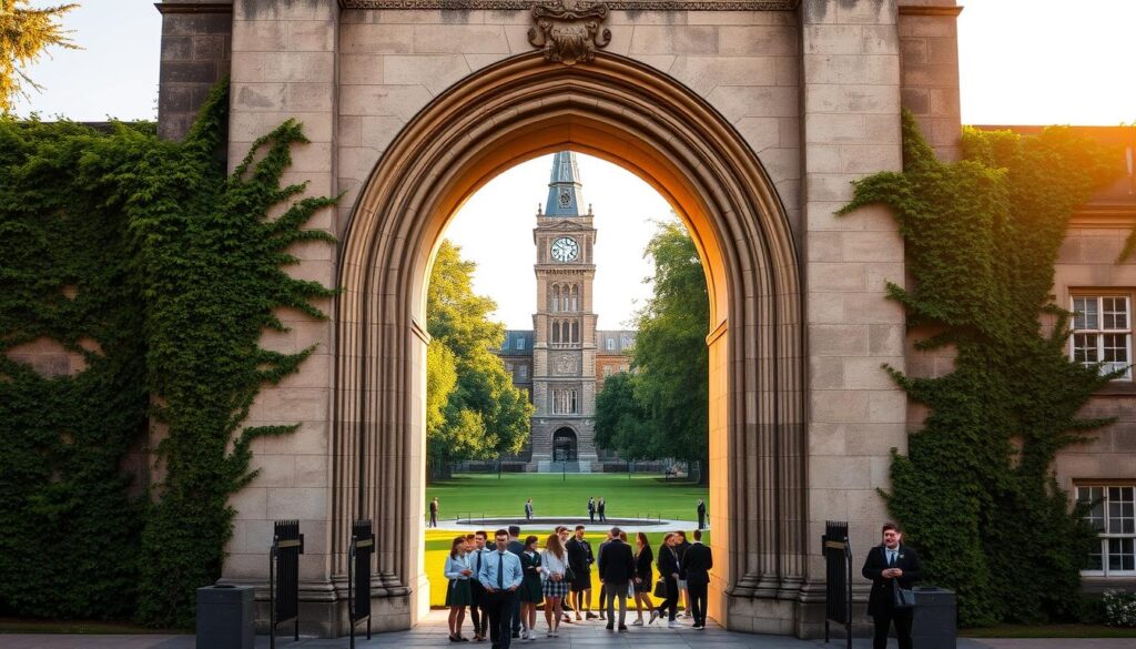 A grand stone archway stands tall, its intricate carvings and weathered facade exuding the storied history of a prestigious academic institution. Ivy-covered walls flank the entrance, leading the eye towards a sprawling campus green where students in crisp uniforms gather, their laughter and chatter mingling with the gentle breeze. In the distance, a stately clock tower rises, its soaring spire a beacon of tradition and timeless knowledge. Warm, golden light filters through the windows of the grand hall, casting a reverent glow upon the hallowed halls where generations of scholars have walked before. This is the essence of a school steeped in legacy, where the past and present converge to shape a vibrant, enriching community.