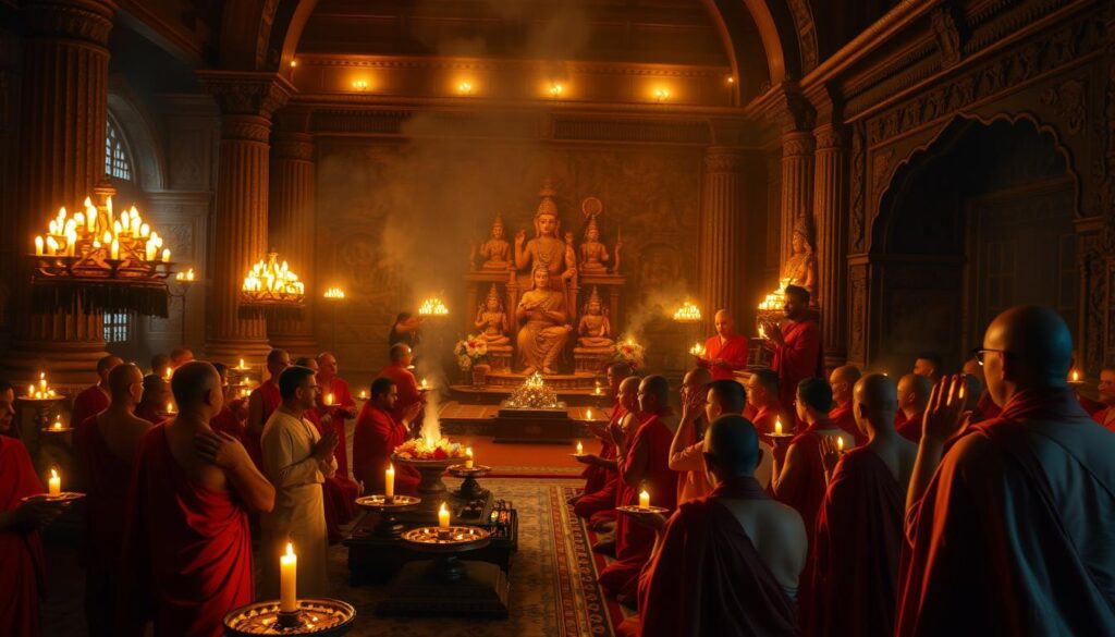 A grand temple hall, dimly lit by flickering oil lamps, their warm glow casting a sacred ambiance. In the foreground, a group of robed priests perform ancient Vedic rituals, their hands moving with precise, reverent gestures as they chant sacred mantras. The middle ground reveals ornate altars adorned with flowers, incense, and ceremonial objects, while the background showcases intricate carved walls depicting scenes from the Vedas. A sense of timelessness and profound spiritual connection permeates the scene, transporting the viewer to the heart of Hindu tradition.