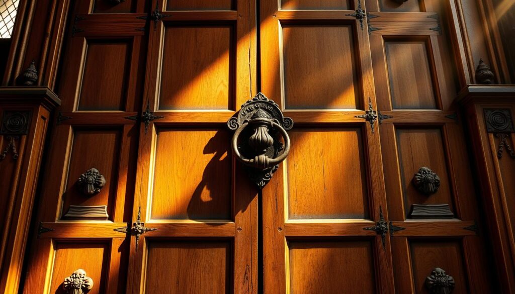A grand wooden door in the Gothic style, its heavy oak panels adorned with intricate carvings. The surface is weathered, with a rich patina that speaks of centuries past. In the center, a large, ornate knocker takes prominence, casting dramatic shadows across the door's surface. The lighting is dramatic, with shafts of warm, golden light filtering through high windows, creating a sense of reverence and historic significance. In the foreground, the 95 Theses are visible, their handwritten text etched into the aged wood, a testament to the pivotal moment that sparked the Lutheran Reformation.