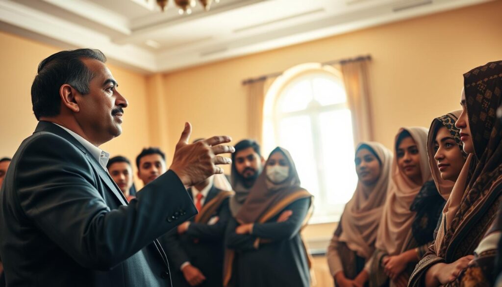 A group of Egyptian youth gathered in a sunlit room, listening intently to a seasoned leader delivering a captivating speech. The leader, dressed in a crisp suit, gestures emphatically, their face alight with passion as they impart lessons on effective political advocacy and community mobilization. The trainees, adorned in traditional Egyptian garments, lean forward, eyes shining with determination, ready to apply these teachings to their own grassroots initiatives. The scene exudes a sense of purpose and resolve, captured through warm, natural lighting and a thoughtful composition that showcases the mentorship and camaraderie central to this leadership development program.